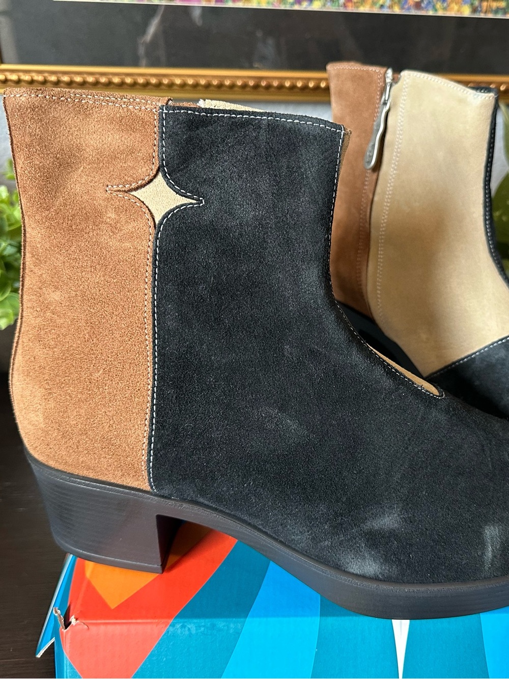 Paolo Suede Colorblock Ankle Boots in Black, Tan & Cream